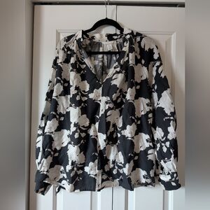 Floral V-Neck Long Sleeve Blouse - Black & Cream